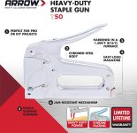 Arrow T50 Heavy Duty Staple Gun for Upholstery, Wood, Crafts, DIY and Professional Uses, Manual Stapler Uses 1/4”, 5/16”, 3/8″, 1/2″, or 9/16” Staples